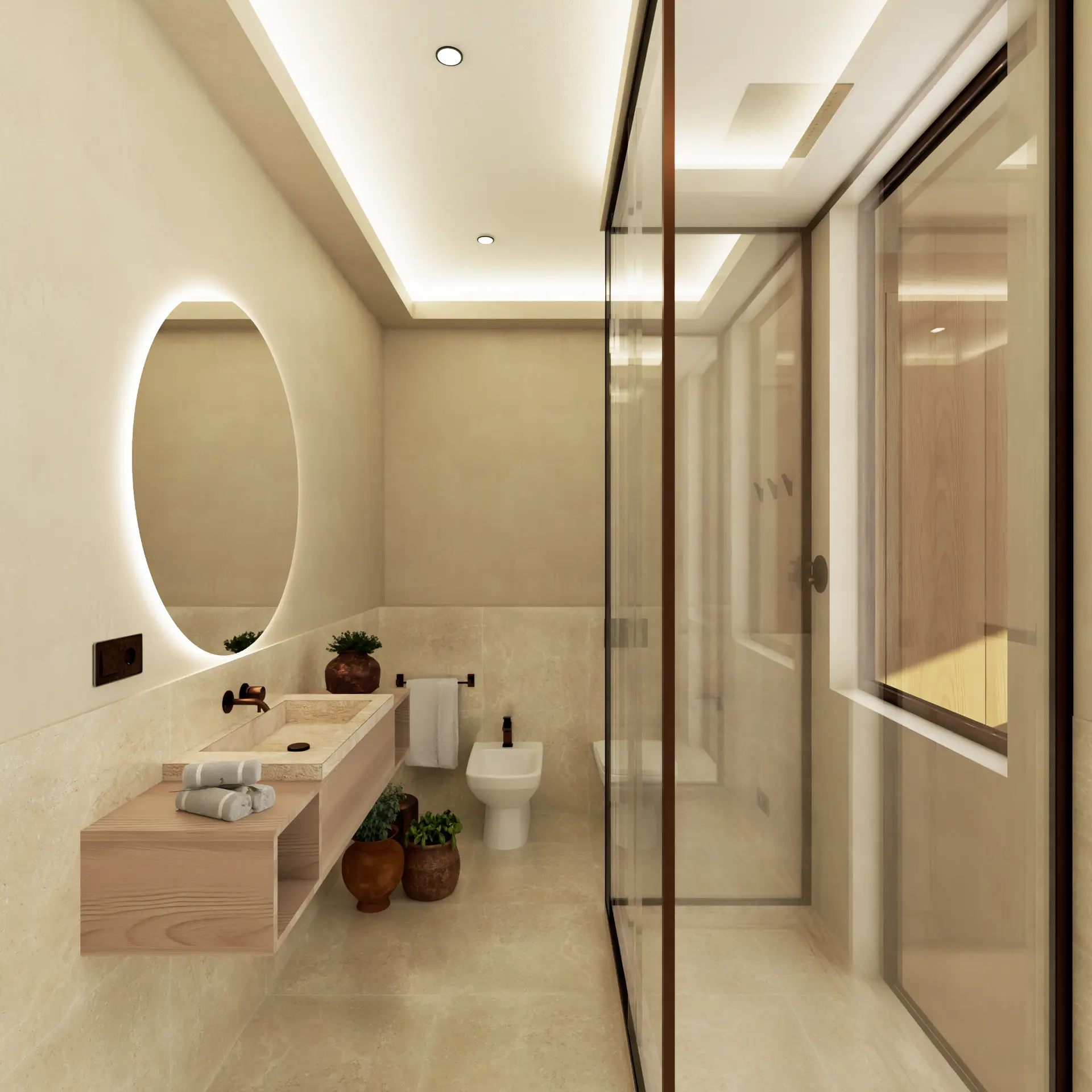 Render del bagno con specchio retroilluminato e doccia