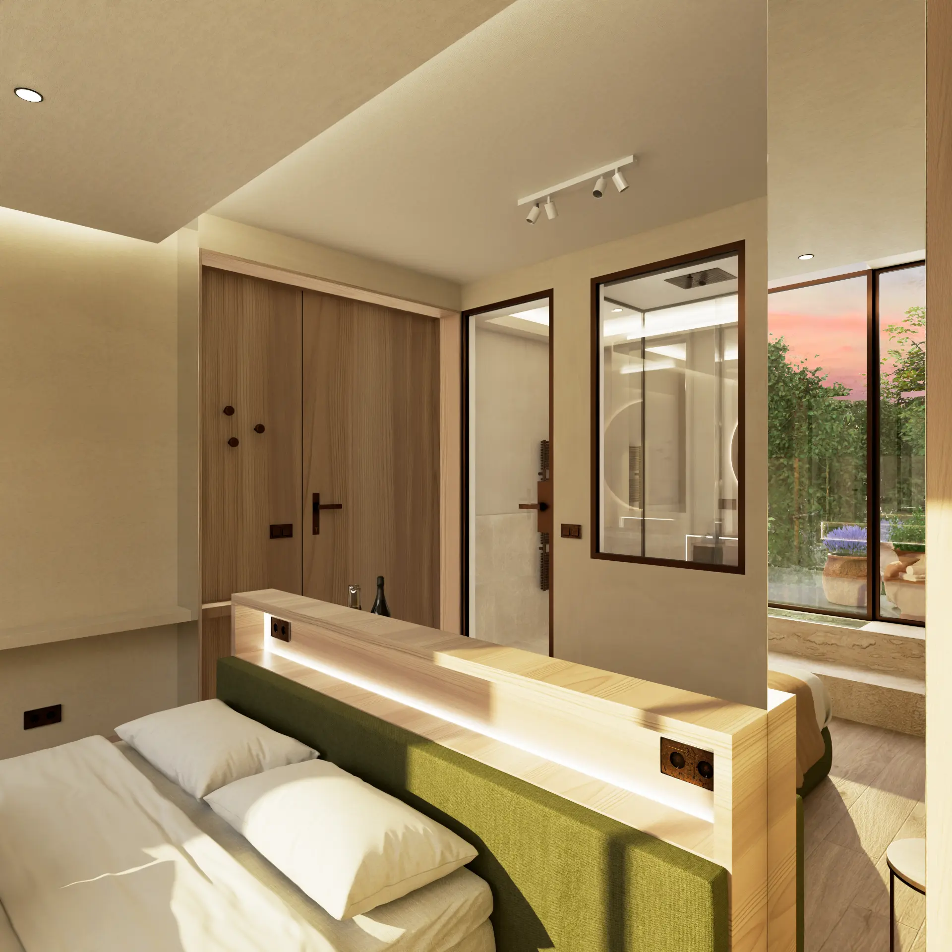 Render del letto con testata in legno e luce integrata