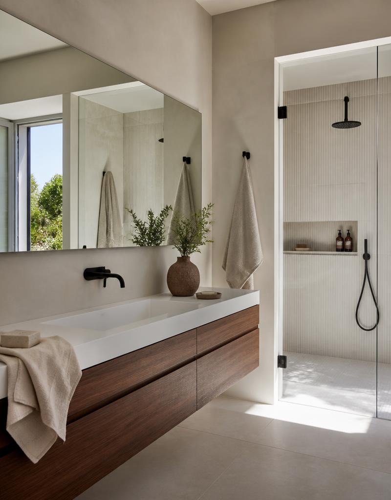 Bagno con mobile sospeso in legno e doccia