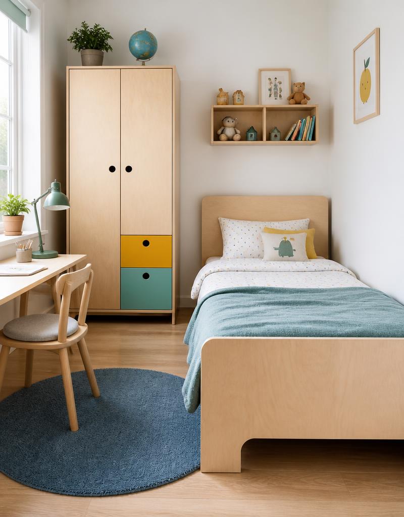 Cameretta semplice e colorata con arredi in legno chiaro
