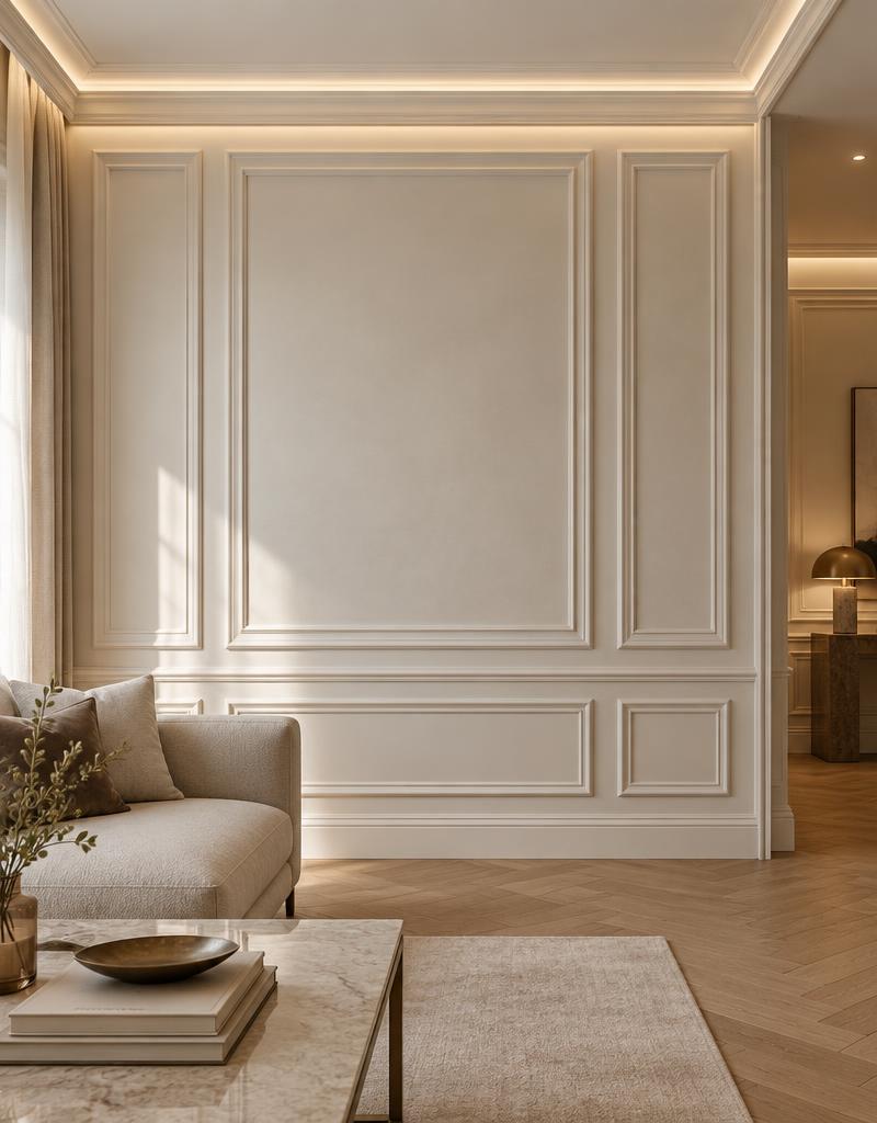 Parete con boiserie a riquadri e cornici decorative con luce integrata